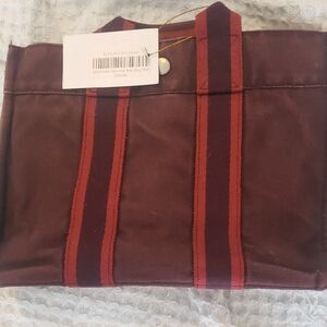 Hermes Brown Canvas Tote with Red Striped Handles